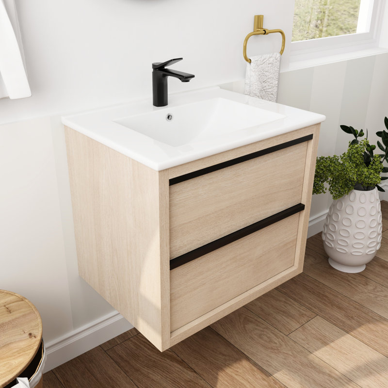 Meuble-lavabo de salle de bain avec 2 tiroirs et lavabo en céramique blanche - Meuble mural élégant Bva02524plo-G-Bl9060b (W1286s00034