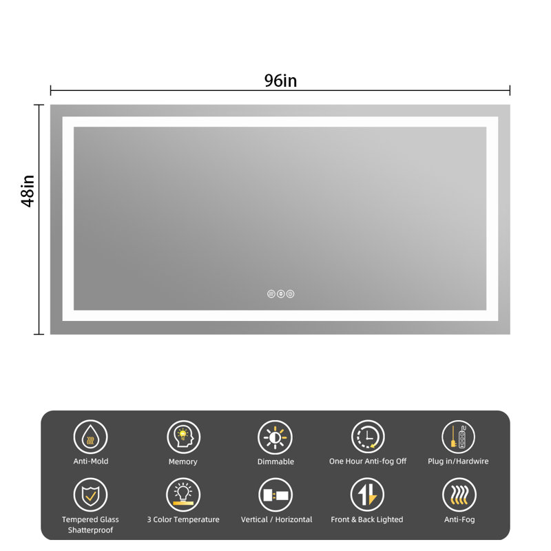 Lunara UL Certified Front Light and Backlit LED Anti-Fog Bathroom Vanity Mirror 5mm Premium Tempered Glass, 96" x 48"