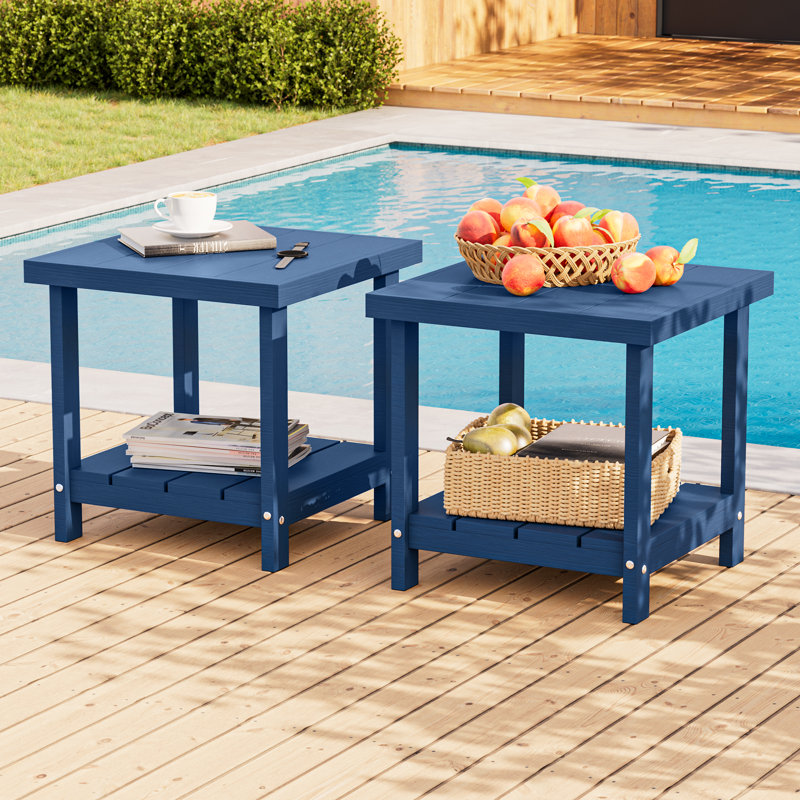 Table d'appoint extérieure en PEHD avec tablette de rangement à 2 niveaux, table de patio rectangulaire Adirondack résistante aux intempéries pour piscine, porche