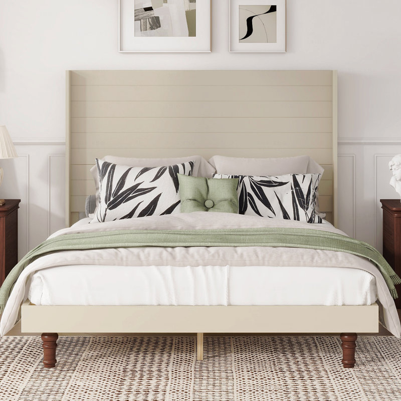 Queen Size High Headboard Bed Frame – 54” Beige Back Design, Beige, Queen