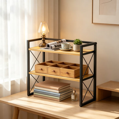 Desktop Shelf Organizer, 2 Tier Wood Desk Storage Rack, Freestanding Display Shelf with Sturdy Iron Frame and Non-Slip Base for Office, Home, Dorm, Bedroom, Kitchen, Bathroom