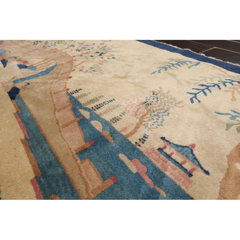Tapis beige / bleu en laine noué à la main 2 pi 11 po x 5 pi 1 po