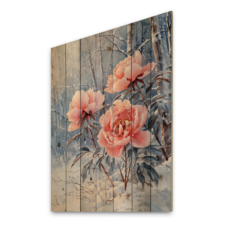 Hiver, pivoines glacées dans la forêt II - décorations murales en bois de pivoines - sur bois de pin naturel