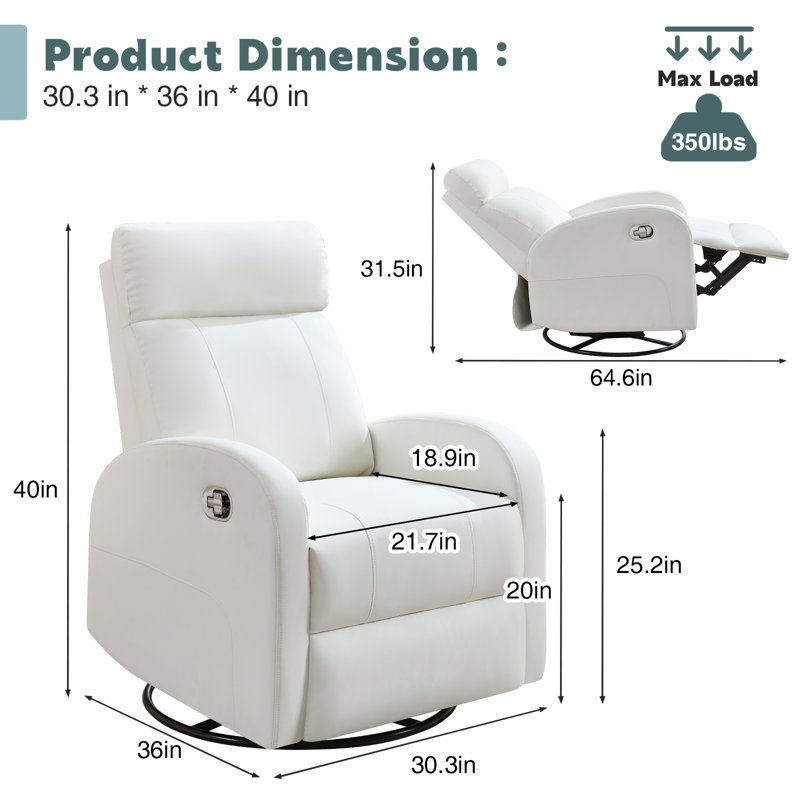30.3'' Modern And Soft Manual Upholstered Swivel And Rocking Manual Recliner, White
