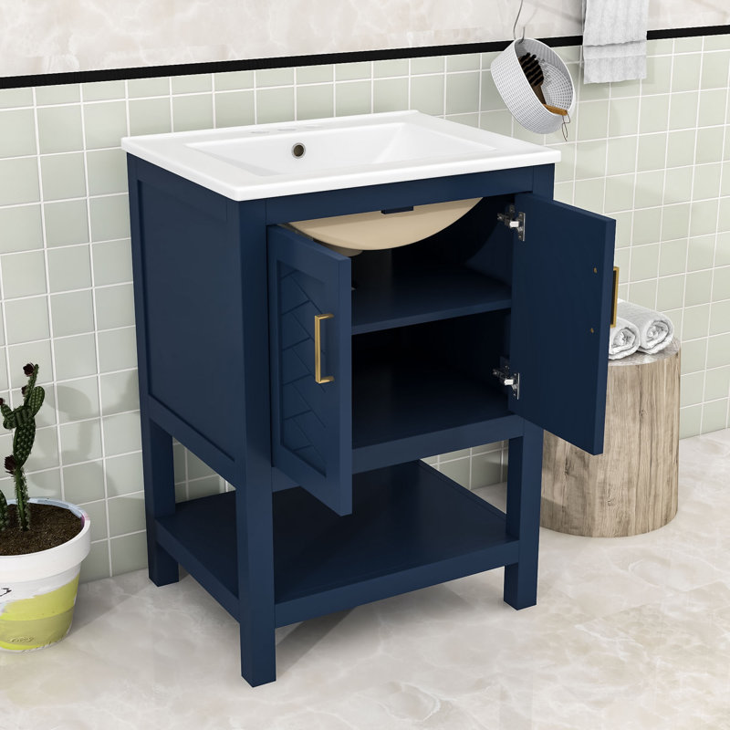 Meuble-lavabo autoportant moderne avec tablettes réglables, lavabo en céramique et charnières à fermeture en douceur, Blue