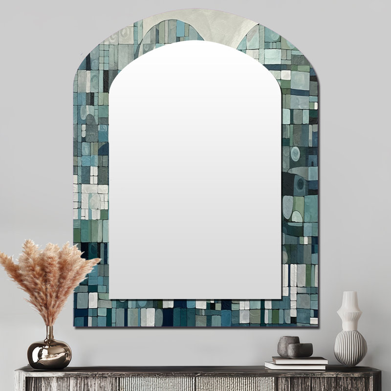 Bleu et vert, mélange bohémien Medley - miroir décoratif en mosaïque, miroir mural asymétrique moderne, impression sur métal