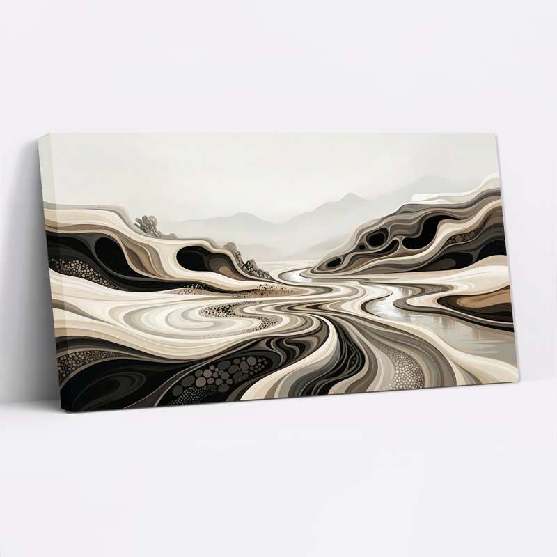 Tableau abstrait sur toile représentant une rivière et des montagnes lointaines, dans des tons neutres., L 32 po x H 16 po