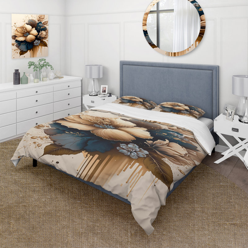 Ensemble de housse de couette Hibiscus Bouquet III brun et bleu - Polyester microfibre
