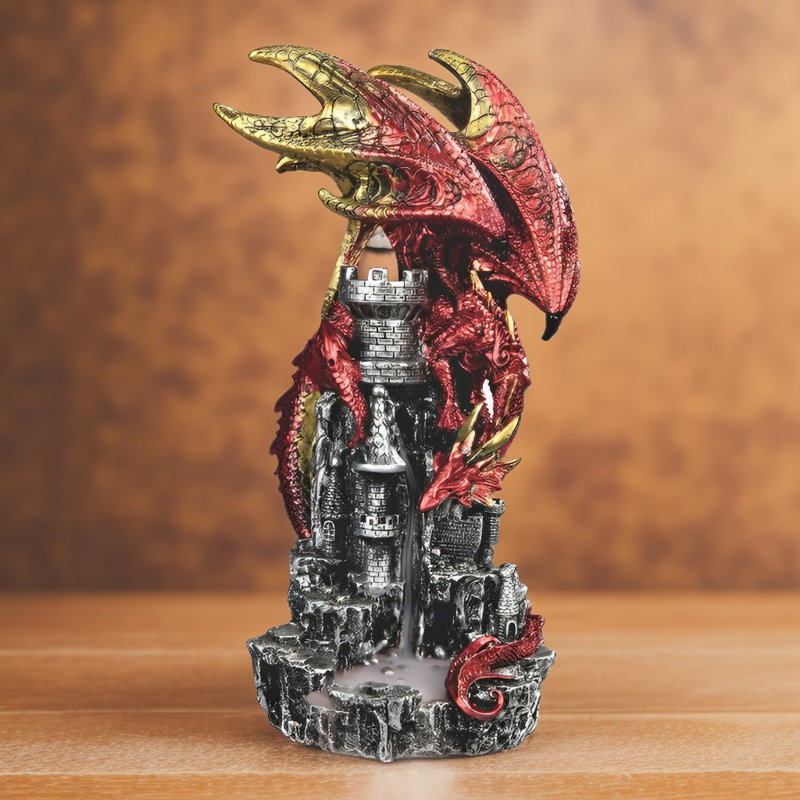 11"H Red Dragon on Ruined Castle Backflow