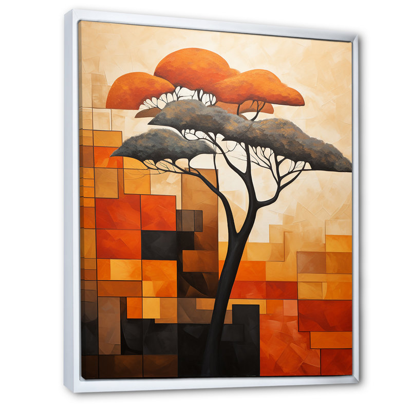 Cubist African Tree Landscape 1 - Art mural africain, H 32 po x l 16 po x P 1 po, Cadre flottant blanc