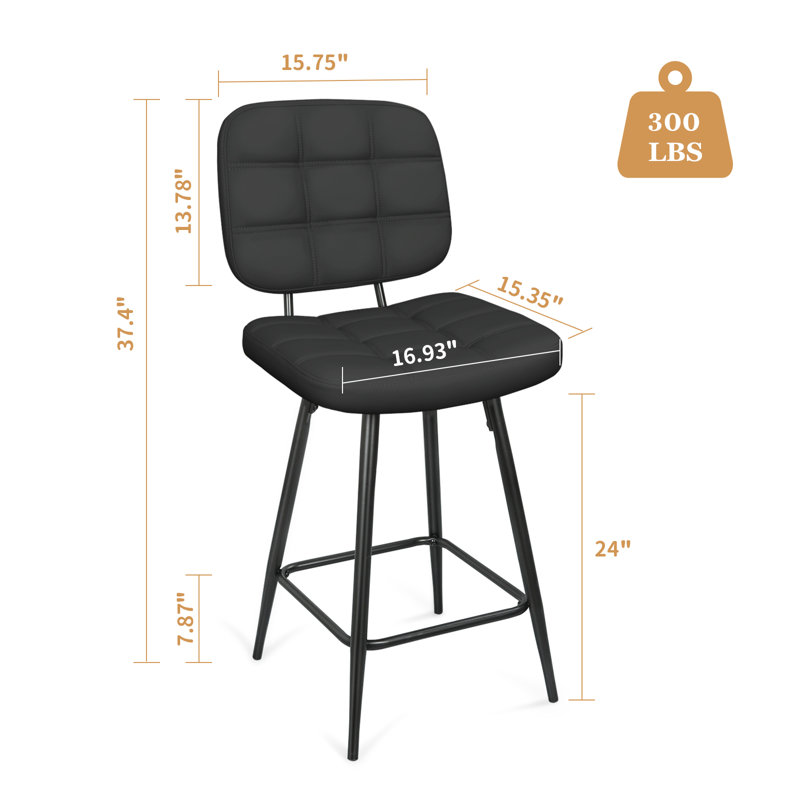 24 Inches Double Needle Metal Barstools With Back & Footrest, Black
