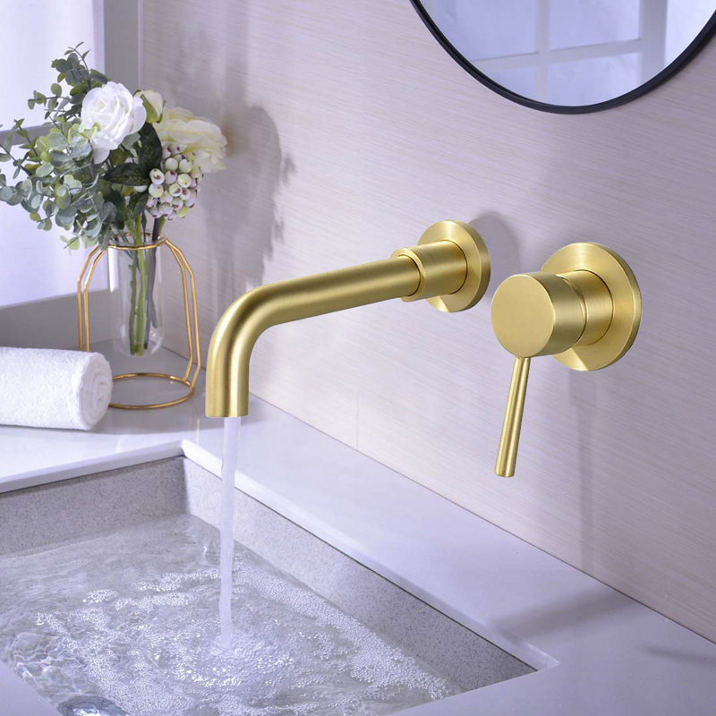 Brushed Gold Wall Mount Bathroom Faucet - Contemporary Curved Edges For Stylish Single Handle With Metal Hardware 2 Installation Holes Required In Design Aerator 360-Degree Rotating Spout And 2.17''