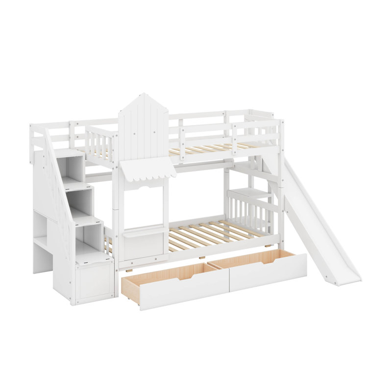 Twin-Over-Twin Castle Style Bunk Bed With 2 Drawers And 3 Shelves, Wood Bunk Bed Frame With Slide And Storage Staircase