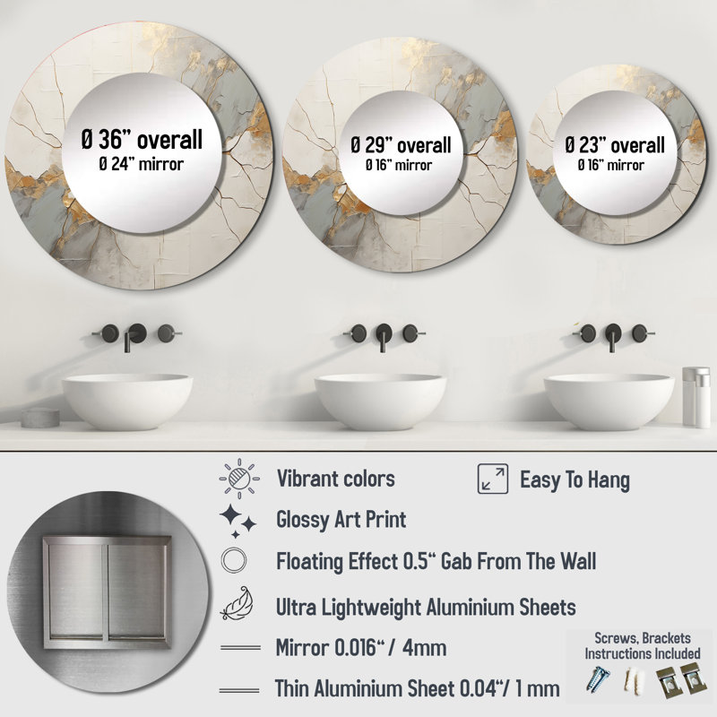 Beige Gold Minimalism Poteries I - Abstract Spirals Round Mirror Wall Decor_MTMIR107319, 23" x 23"