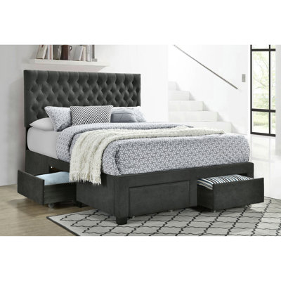 Grey Upholstered Full Storage Bed, Button - Headboard, Drawers For Linens, Slat Kit Panel Bed With Headboard And Four Built In Drawers, Fabric, Solid Wood Construction, Included Mattress Support