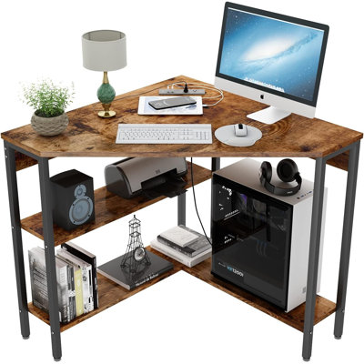 Hatal Corner Desk with Outlets & USB Ports, 90 Degree Triangle Corner Table with Storage Shelves