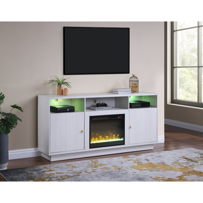 70-Inch White Walnut Fireplace Console For Tv, Featuring Heater, Multiple Color Settings, 3 Open Shelves And 2 Storage Cabinets 70"W Tv Stand With Flame Colors, Integrated Led,