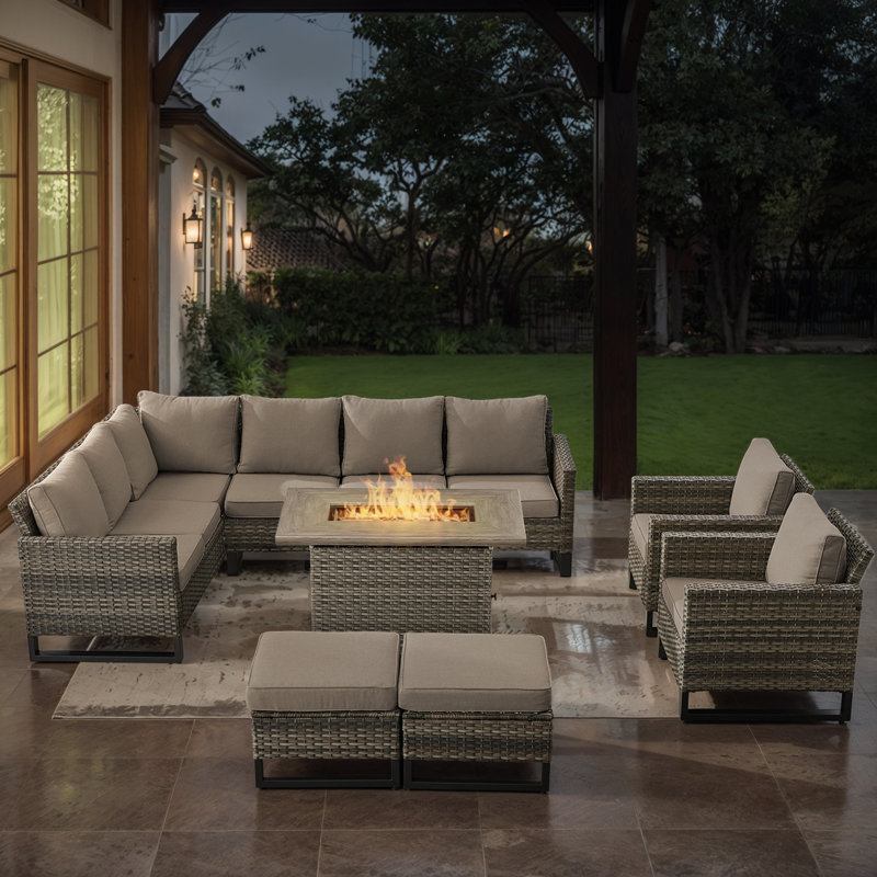 Ingvald 8- Person Outdoor PE Wicker Patio Seating Group with Fire Pit, Ottomans and Cushions, Gray, Gray