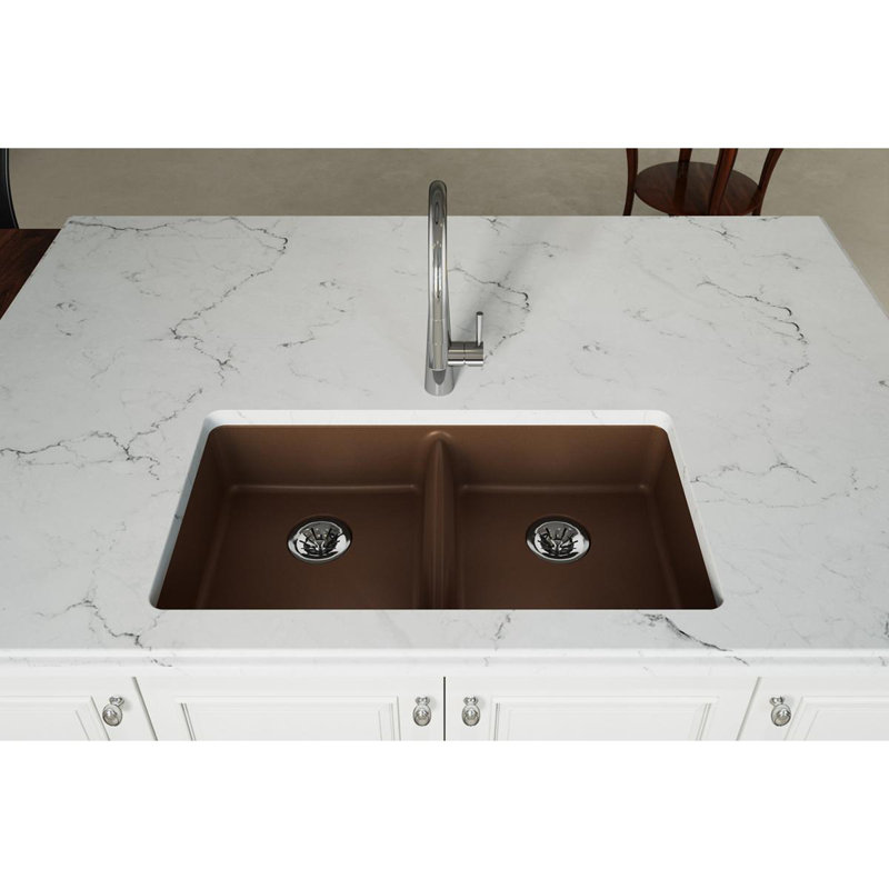 Évier de cuisine à double cuve avec crépine Quartz Classic 33 po x 18 1/2 po x 5 1/2 po, Moka