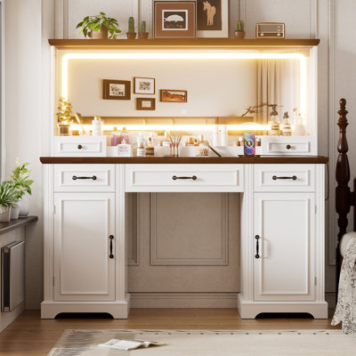 Everly Quinn Vanity Desk With 11 Drawers And Large Led Lighted Mirror, 47" Large Makeup Vanity Table With A Power Outlet Storage Stool Vanity Set For Bedroom White C112558281