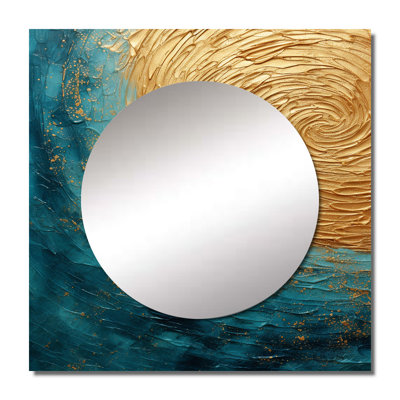 Tregre - Gold Teal Oceans Alchemy Spiral III Abstract Spirals Square Mirror For Wall Art Decor