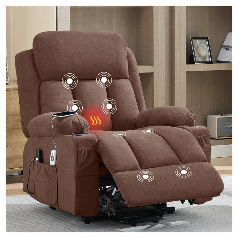 Brown Fabric Power Lift Recliner Chair with Heat and Massage Functions