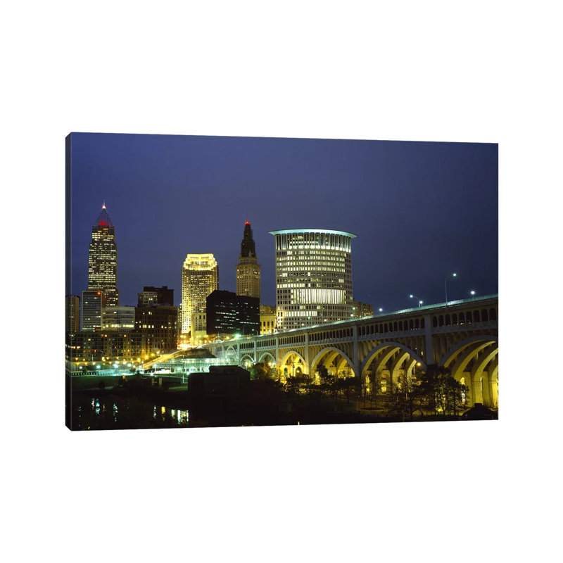 Bridge in a City Lit up at Night, Detroit Avenue Bridge, Cleveland, Ohio, USA 1 Piece Wrapped Canvas Wall Art