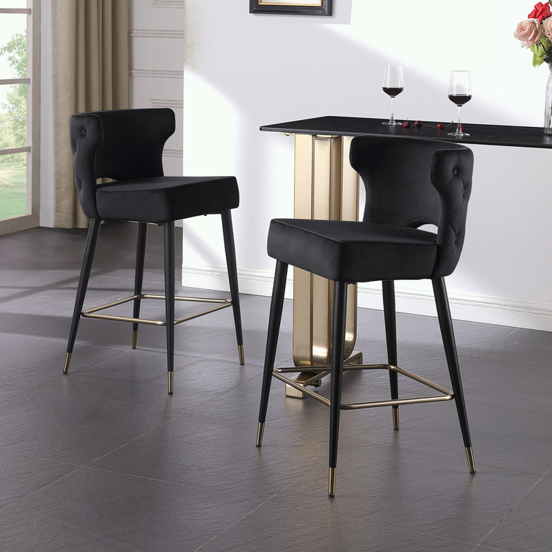 Black Velvet Upholstered Counter Height Bar Stools with Gold Tipped Legs