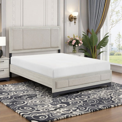 Lit contemporain à deux tons - chêne blanc et gris, tête et pied de lit tapissier, cadre de lit plateforme, aucun sommier nécessaire, mobilier de chambre à coucher élégant (1pc)