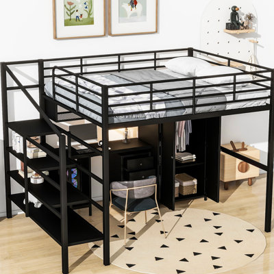 Lit mezzanine double en métal avec table et garde-robe, noir - construction contemporaine, cadre robuste, choix de rangement abondants, taille de processus d'assemblage simple, style moderne pour la décoration intérieure, grand espace, facile