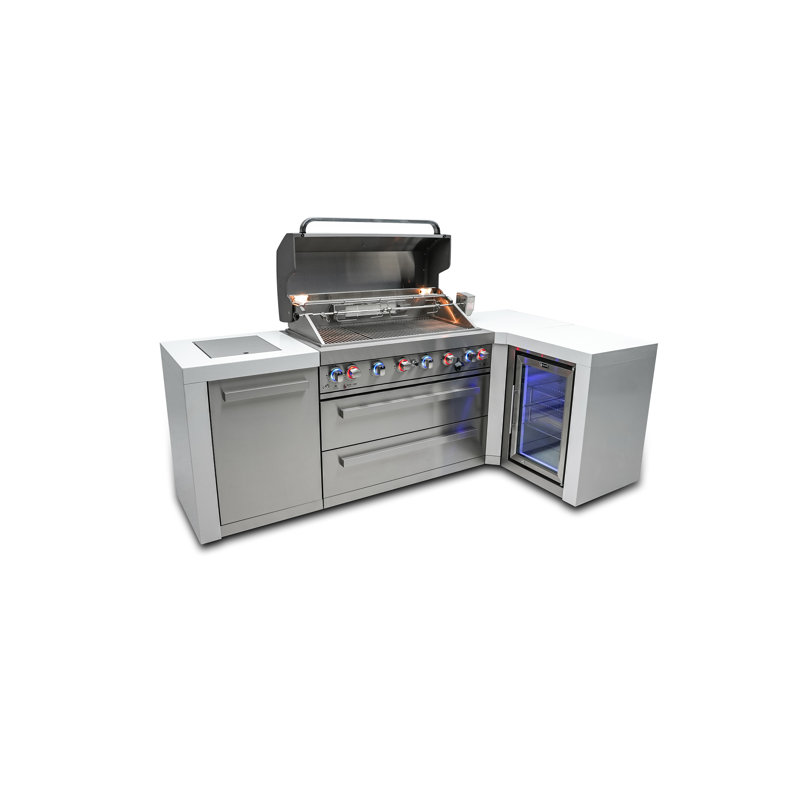 Îlot de cuisine d'extérieur en forme de L de luxe en acier inoxydable en L de 94 po x P 50 po x H 46 po Mont Monti avec barbecue et barbecue à 6 brûleurs de 44 po + brûleur latéral + comptoirs en granite + armoires de rangement + couvercle + convertible au gaz naturel + Garantie à vie