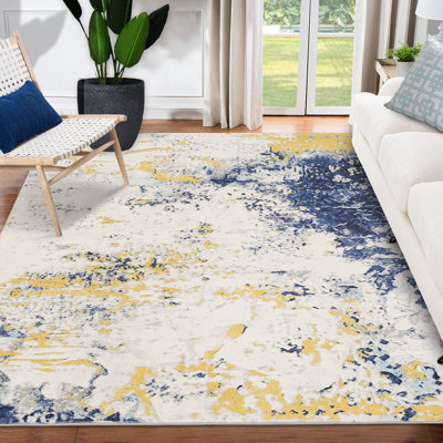 Machine Washable Area Rugs 4x6 Modern Abstract Accent Rugs Non-Slip Backing Stain-Resistant Throw Rugs Yellow Blue
