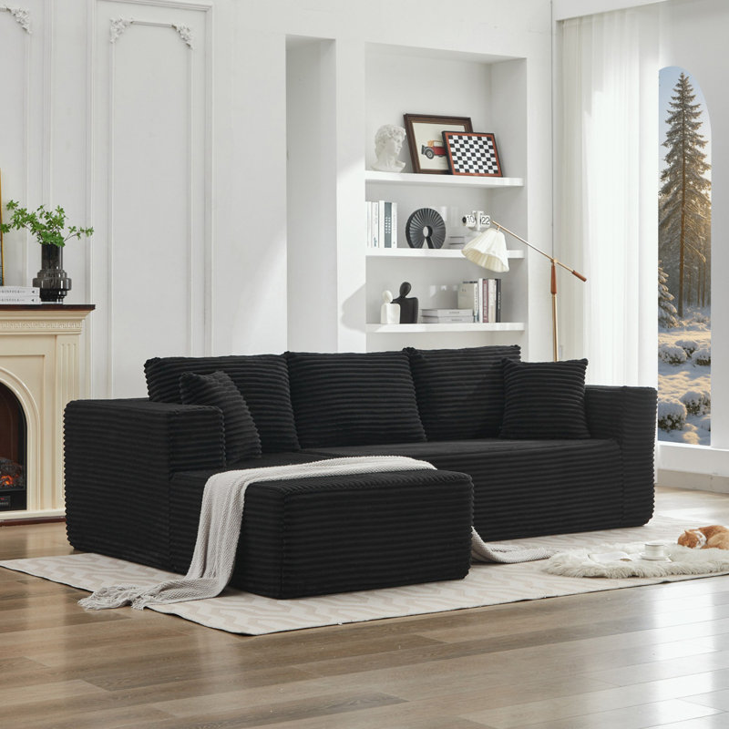 L-Shape Sectional Couch with Left Facing Chaise, Black Corduroy