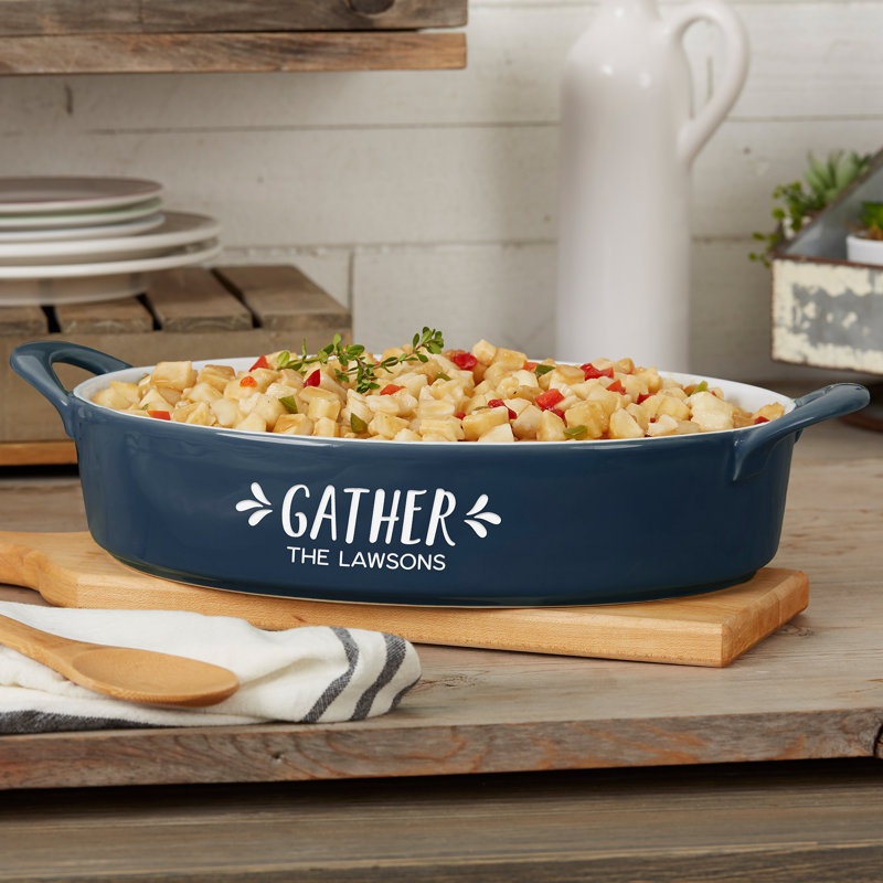 Personalization Mall Gather & Gobble Oval Stoneware Baker Bakeware, Navy