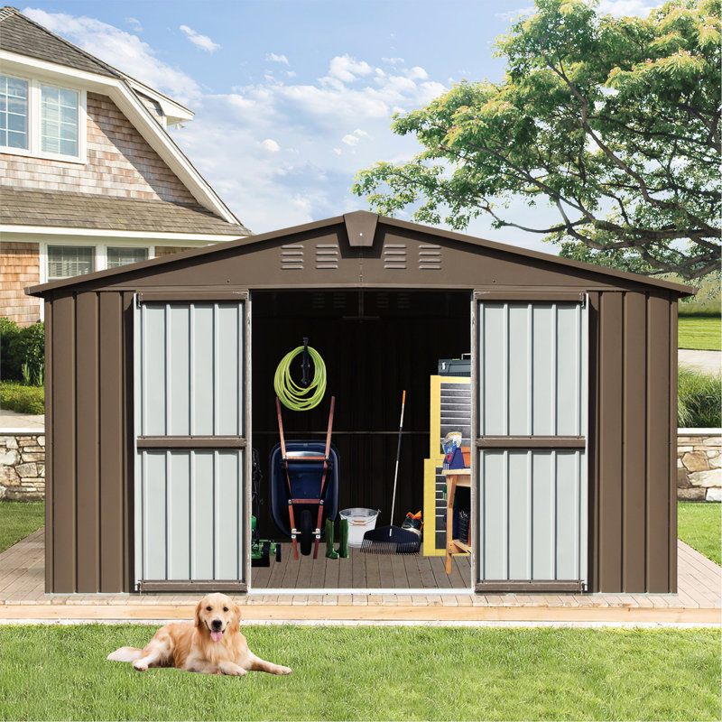 Galvanized Steel Frame Storage Shed 11' X 12.5', Outdoor Metal Utility Room, Lockable Door & Windows (brown Backyard Garden Tool Frame,