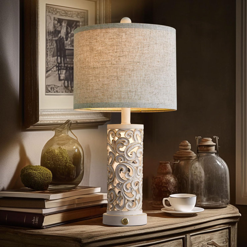 Vintage White Carved Base Table Lamp Set with Linen Shade