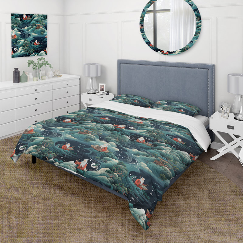 Literie Taoist I, Housse de couette pour grand lit et 2 taies décor