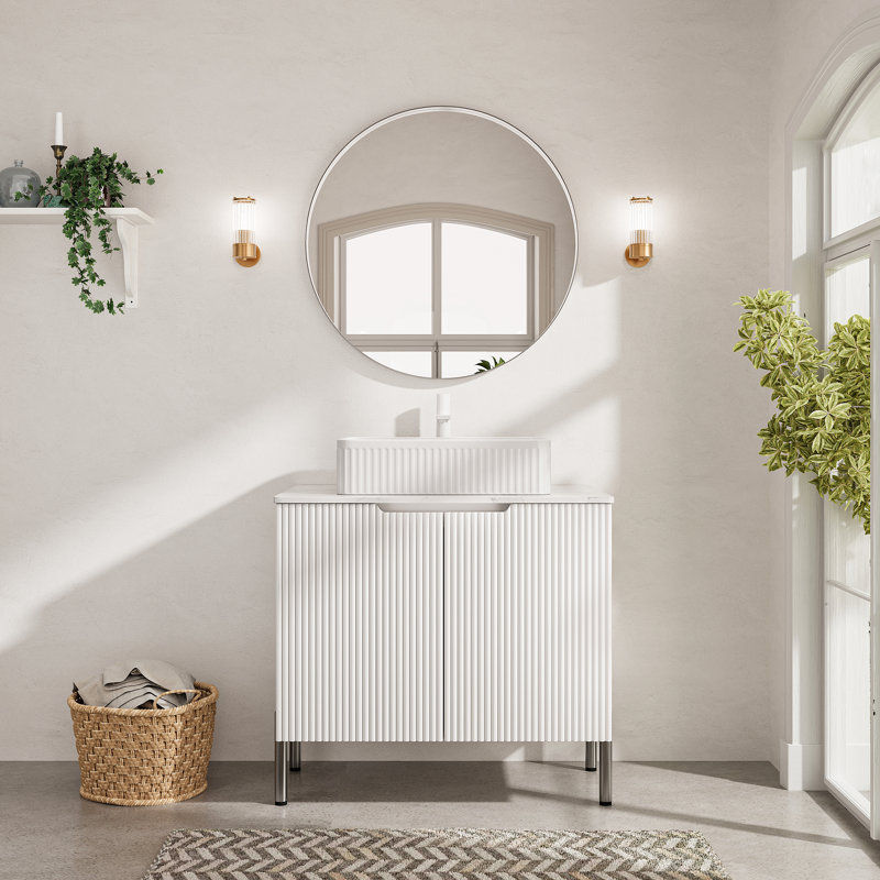 Meuble-lavabo autoportant avec lavabo 30 po avec 2 portes, lavabo en céramique blanc et comptoir blanc Carrara, Blanc