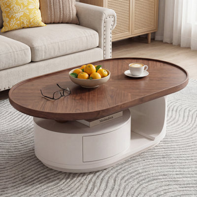 Table basse ovale moderne à deux tons avec plateau en chevron noyer, avec tiroir de rangement et support