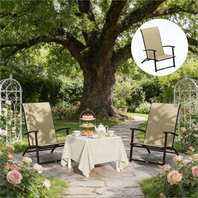 Set of 2 High Back Folding Outdoor Dining Chairs, Beige
