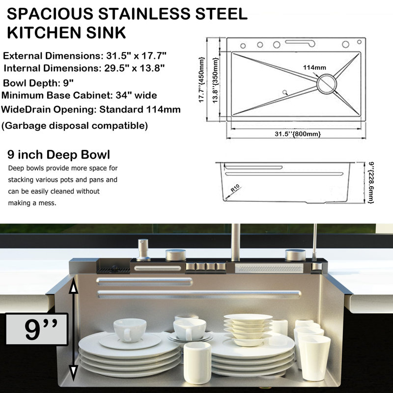 Évier de cuisine à cascade 33 po x 22 po, affichage numérique intelligent avec boutons de piano de luxe, cuve simple en acier inoxydable 304 de calibre 16 avec robinet et accessoires, évier de poste de travail multifonctionnel, conception en bronze à canon de 33 po x 22 po x 10 po