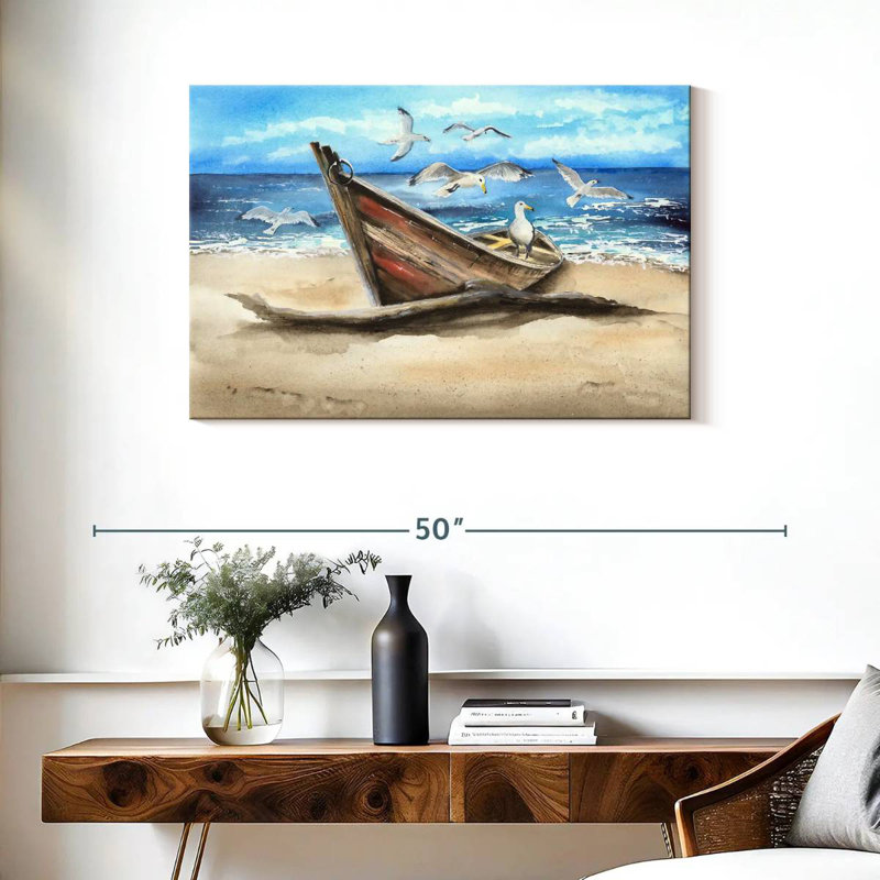 Mouettes et bateau Mehar, H 24 po x l 36 po