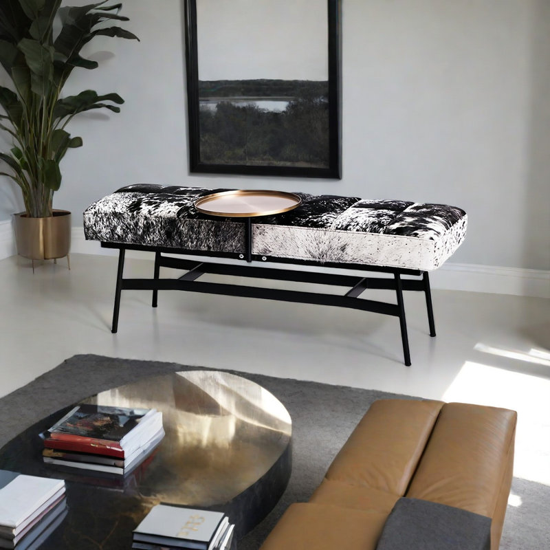 Banc rembourré en cuir de vache, H 17,71 po x l 68,89 po x P 19,68 po