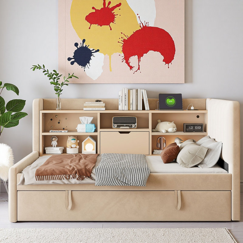 Luxurious Comfort USB Upholstered Daybed with Trundle & Storage Shelves, Beige