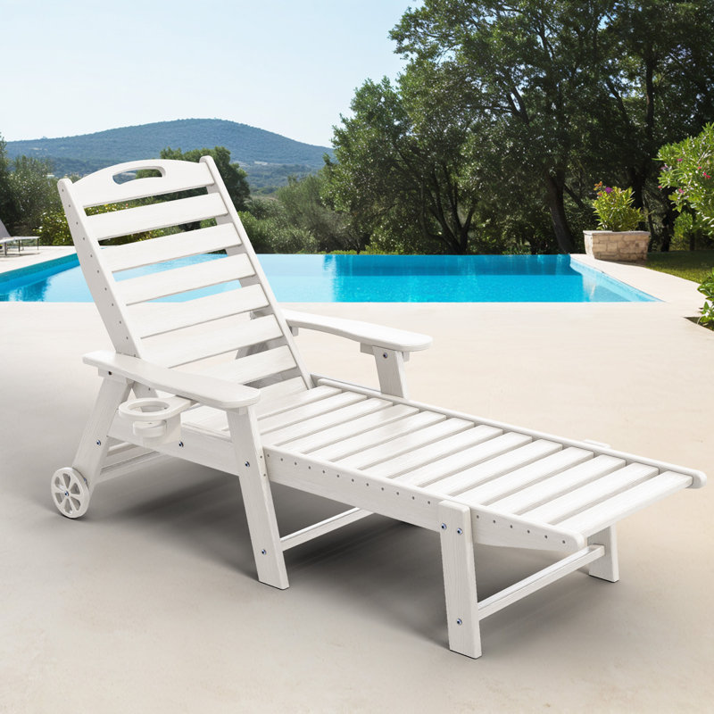 Outdoor HDPE Reclining Lounge Chaise With Wheels & Cup Holder, White