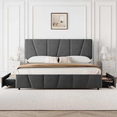 King Size Bed Frame With Adjustable Headboard And 4 Storage Drawers, Soft Upholstered Platform Bed Frames With Wooden Slats Support, No Box Spring Nee
