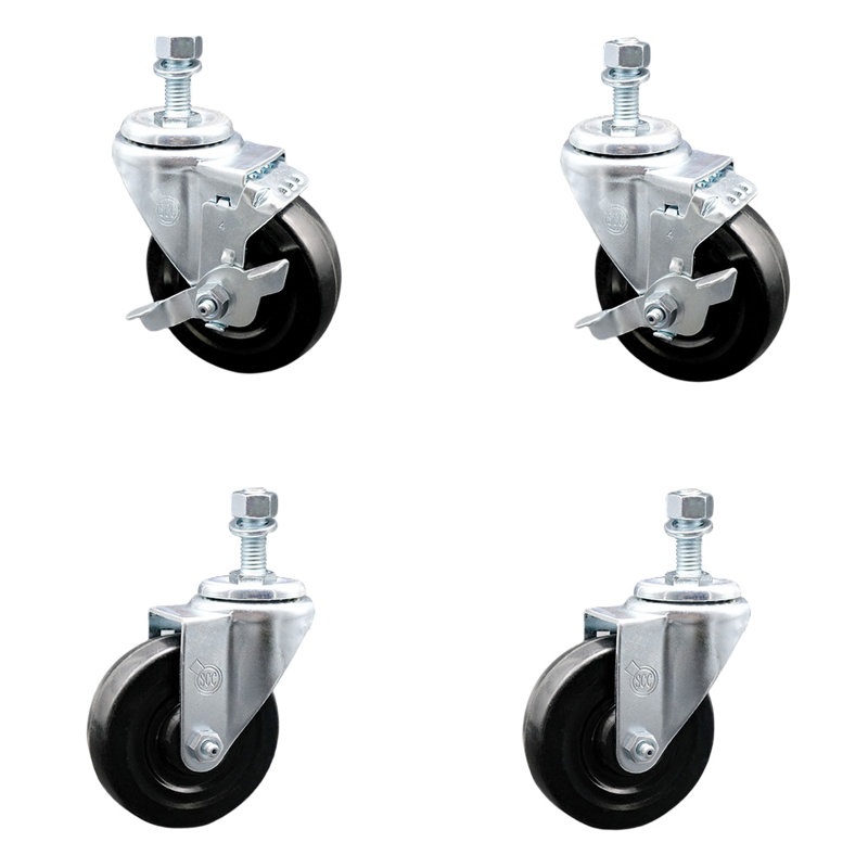 4 Inch_Hard Rubber Wheel Swivel 12mm Threaded Stem Caster Set 2 Brakes SCC