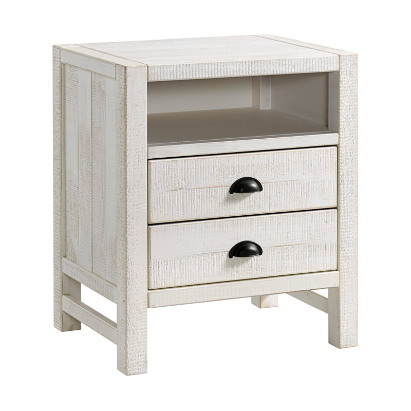 Petite table de chevet avec 2 tiroirs et tablette ouverte Windsor - Table de bout en bois massif de 25 po avec rangement pour le salon ou la chambre à coucher - Mobilier de chambre à coucher de style campagne moderne (bois flottant blanc)