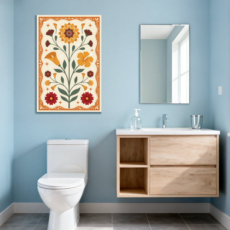 Motif floral de plantes et de fleurs avec des couleurs vives et une bordure ornée, H 24 po x l 16 po