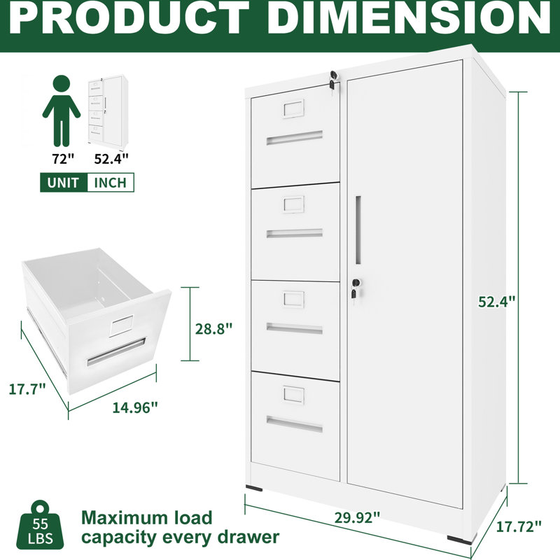 White Metal Storage Cabinet With 4 Drawers And 1 Door For Living Room Office - Smooth Drawer Opening, Silent Tracks, Secure Locking